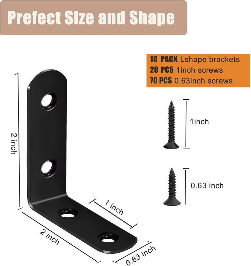 YIVCKOM 18-Pack L Shape Corner Brackets, Stainless Steel Metal Angle Braces for Wood Furniture, Heavy Duty Black 2 inch Shelf Bracket with Long Screws for Household Project (L Shape Black) - Image 3